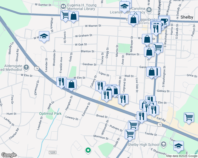map of restaurants, bars, coffee shops, grocery stores, and more near 610 Calvery Street in Shelby