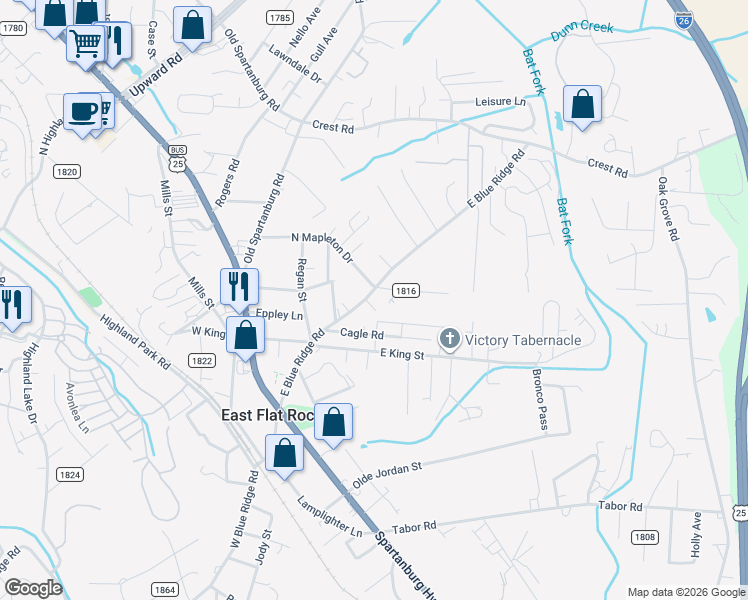 map of restaurants, bars, coffee shops, grocery stores, and more near 423 County Road 1812 in East Flat Rock