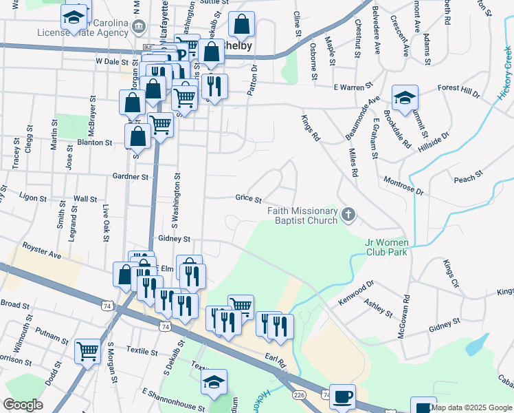 map of restaurants, bars, coffee shops, grocery stores, and more near 516 West Circle Drive in Shelby