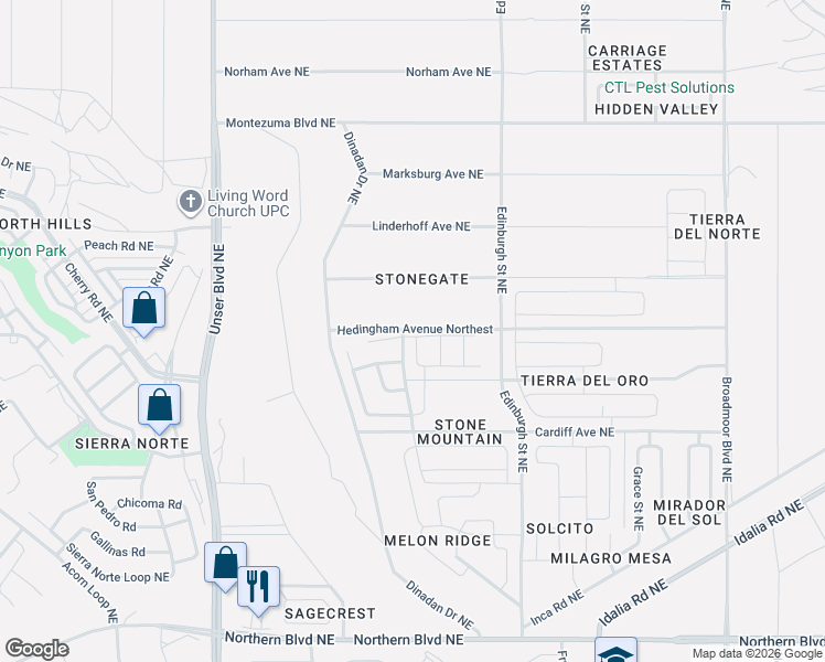 map of restaurants, bars, coffee shops, grocery stores, and more near Hedingham Avenue Northest in Rio Rancho