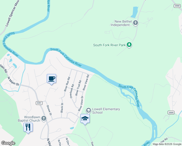 map of restaurants, bars, coffee shops, grocery stores, and more near 1102 Catawba Run Road in Lowell
