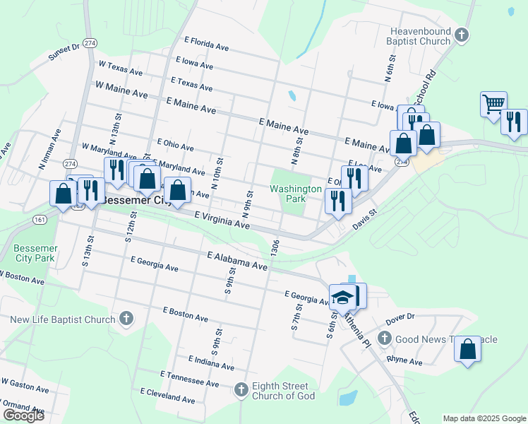 map of restaurants, bars, coffee shops, grocery stores, and more near 414 East Washington Avenue in Bessemer City