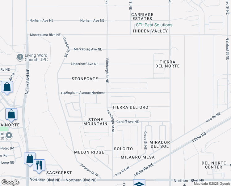 map of restaurants, bars, coffee shops, grocery stores, and more near Hedingham Avenue Northest in Rio Rancho