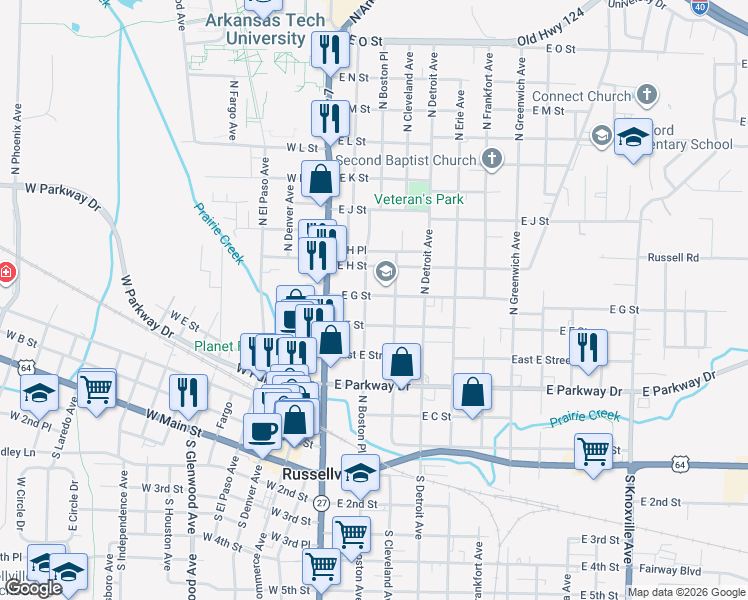 map of restaurants, bars, coffee shops, grocery stores, and more near in Russellville