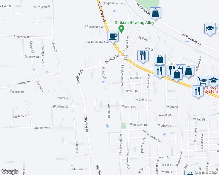 map of restaurants, bars, coffee shops, grocery stores, and more near 6 South Joplin Loop in Russellville