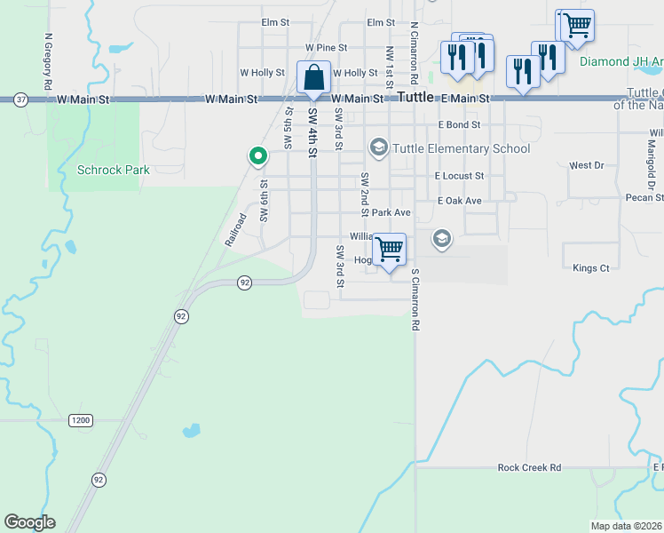map of restaurants, bars, coffee shops, grocery stores, and more near 609 Southwest 3rd Street in Tuttle