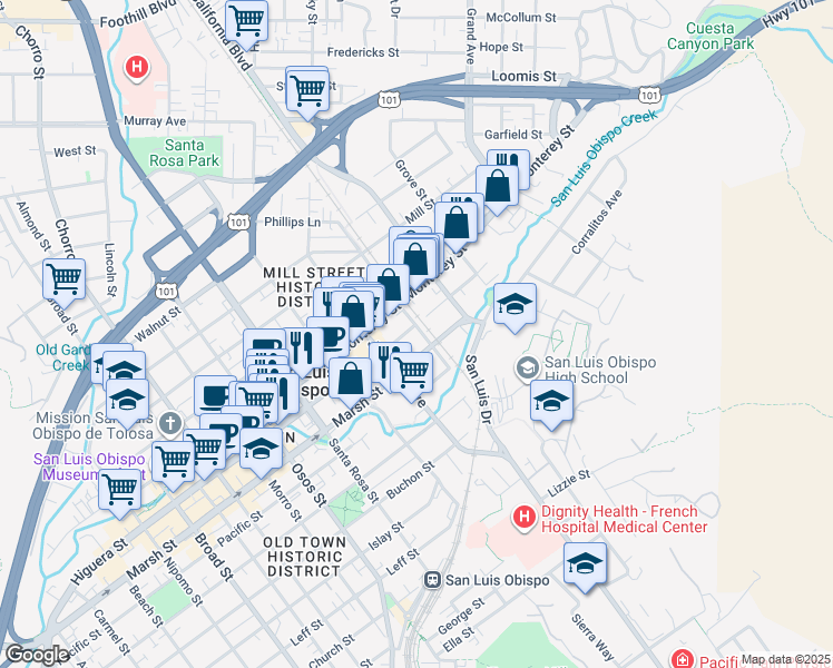 map of restaurants, bars, coffee shops, grocery stores, and more near 1368 Higuera Street in San Luis Obispo