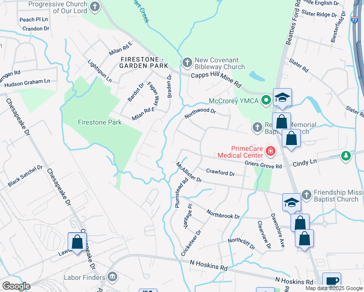 map of restaurants, bars, coffee shops, grocery stores, and more near 1353 Griers Grove Road in Charlotte