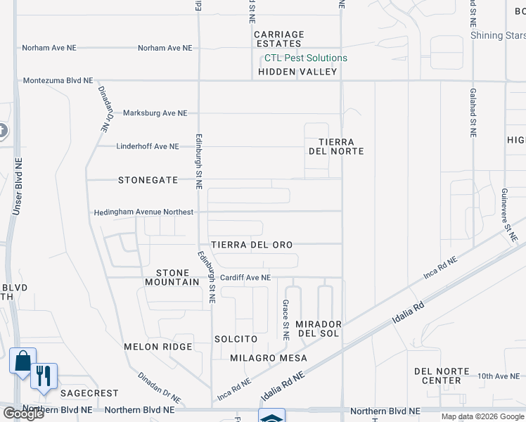 map of restaurants, bars, coffee shops, grocery stores, and more near 1327 San Juan Court in Rio Rancho