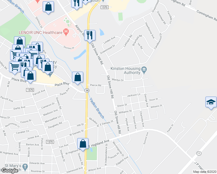 map of restaurants, bars, coffee shops, grocery stores, and more near 303 Pierce Road in Kinston