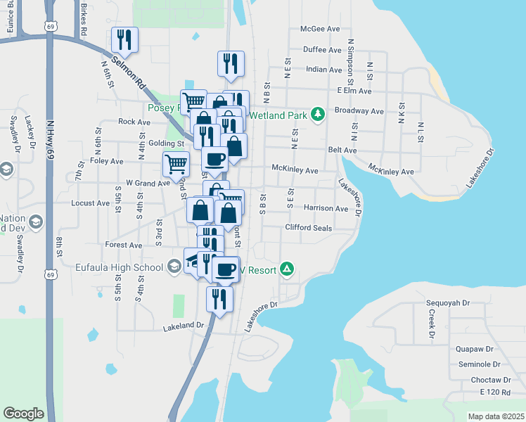 map of restaurants, bars, coffee shops, grocery stores, and more near 5 Harrison Avenue in Eufaula