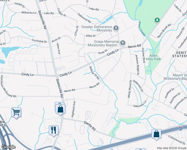 map of restaurants, bars, coffee shops, grocery stores, and more near 4605 Belmar Place Road in Charlotte