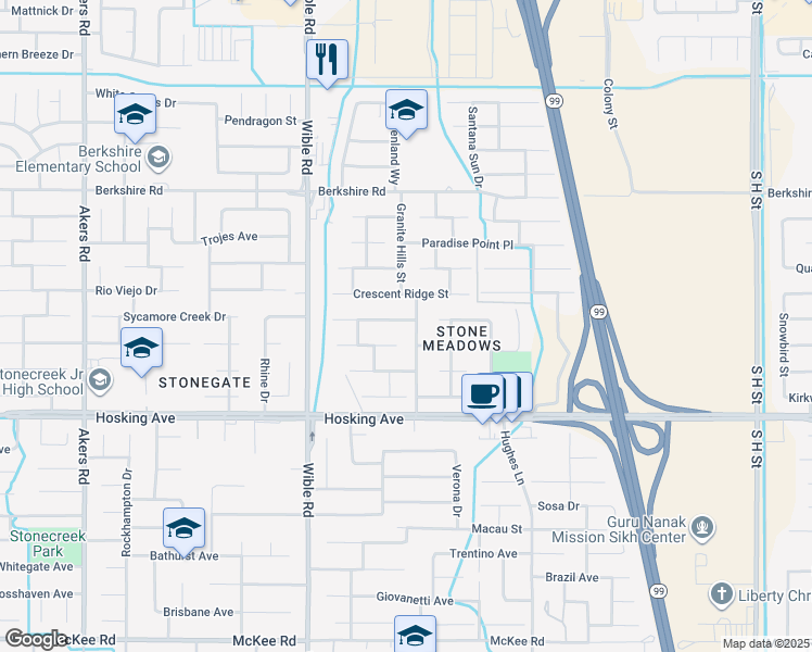map of restaurants, bars, coffee shops, grocery stores, and more near 2913 Willow Basin Lane in Bakersfield
