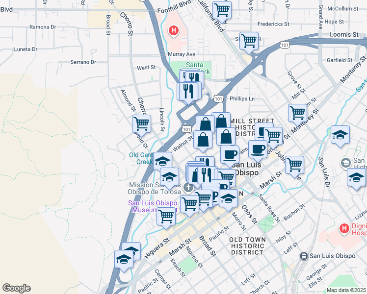 map of restaurants, bars, coffee shops, grocery stores, and more near 652 Morro Street in San Luis Obispo