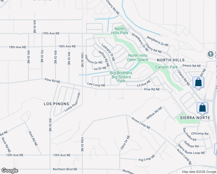 map of restaurants, bars, coffee shops, grocery stores, and more near 1629 Jane Place Northeast in Rio Rancho