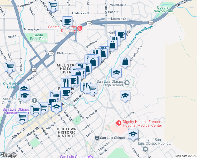 map of restaurants, bars, coffee shops, grocery stores, and more near 1410 Marsh Street in San Luis Obispo