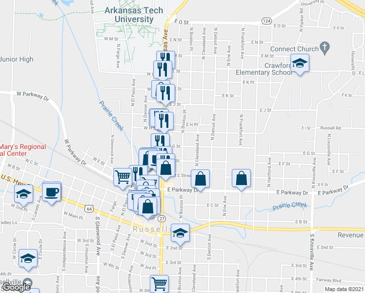 map of restaurants, bars, coffee shops, grocery stores, and more near 698 North Boston Place in Russellville