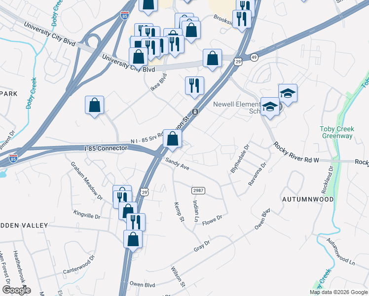 map of restaurants, bars, coffee shops, grocery stores, and more near 404 Gallop Lane in Charlotte