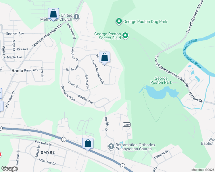 map of restaurants, bars, coffee shops, grocery stores, and more near 4424 Stone Mountain Drive in Gastonia