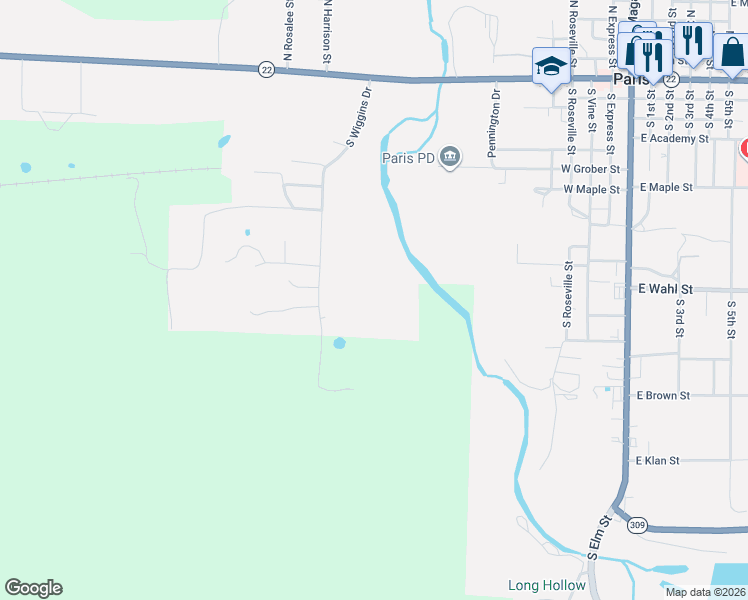 map of restaurants, bars, coffee shops, grocery stores, and more near 644 South Wiggins Drive in Paris