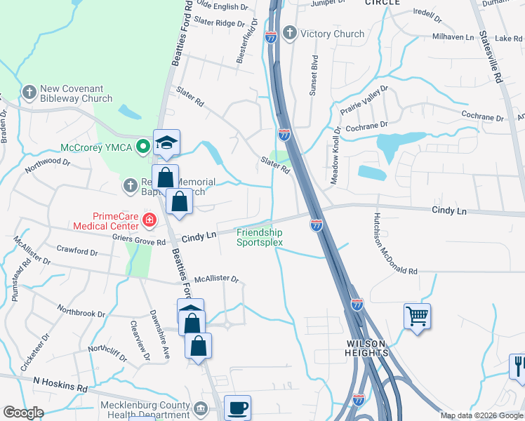 map of restaurants, bars, coffee shops, grocery stores, and more near 2142 Cindy Creek Lane in Charlotte