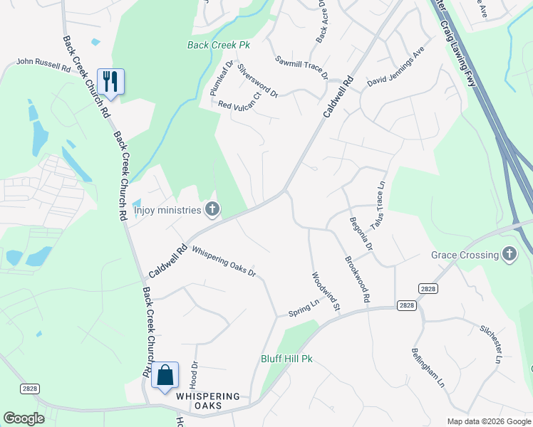map of restaurants, bars, coffee shops, grocery stores, and more near 12632 Caldwell Road in Charlotte