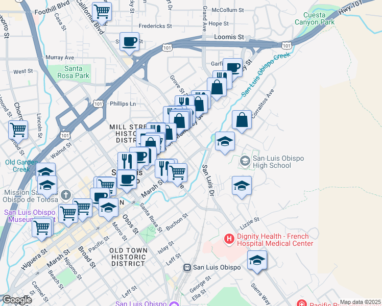 map of restaurants, bars, coffee shops, grocery stores, and more near 1426 Marsh Street in San Luis Obispo