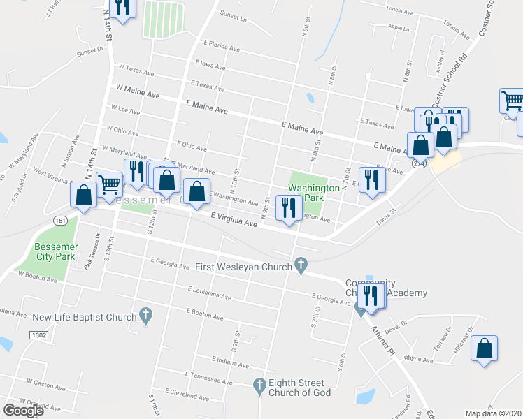 map of restaurants, bars, coffee shops, grocery stores, and more near 314 East Washington Avenue in Bessemer City