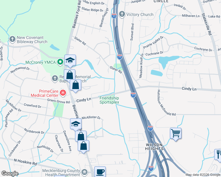 map of restaurants, bars, coffee shops, grocery stores, and more near 2142 Cindy Creek Lane in Charlotte