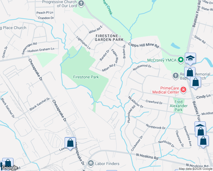 map of restaurants, bars, coffee shops, grocery stores, and more near 3341 Braden Drive in Charlotte