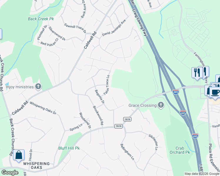map of restaurants, bars, coffee shops, grocery stores, and more near 5330 Talus Trace Lane in Charlotte