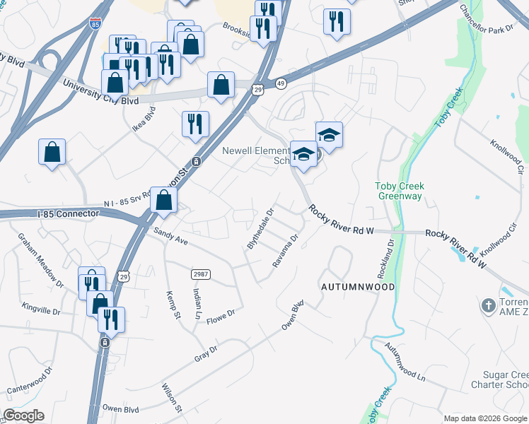 map of restaurants, bars, coffee shops, grocery stores, and more near 6621 Blythedale Drive in Charlotte
