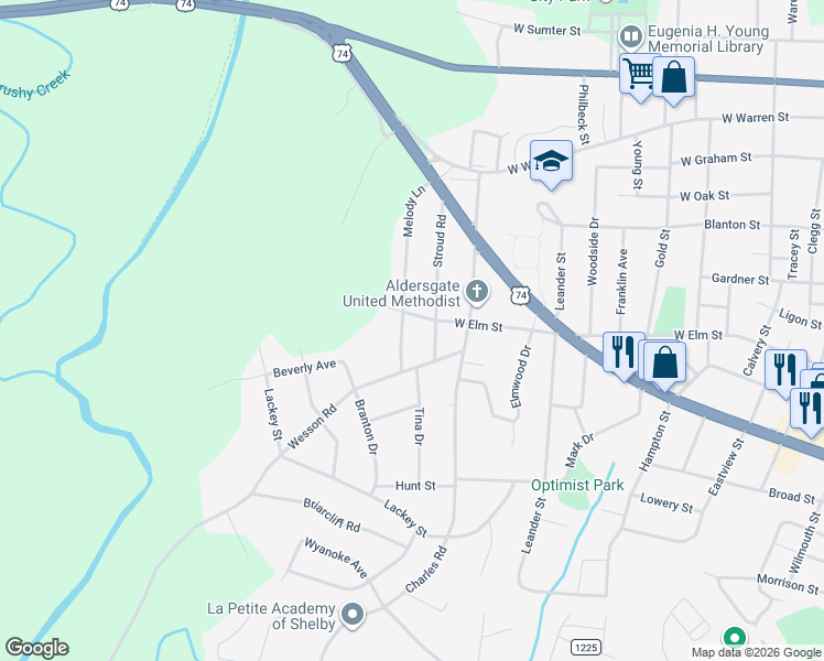 map of restaurants, bars, coffee shops, grocery stores, and more near 503 Melody Lane in Shelby