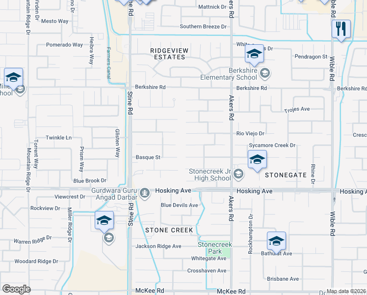 map of restaurants, bars, coffee shops, grocery stores, and more near 4409 Rock Lake Drive in Bakersfield
