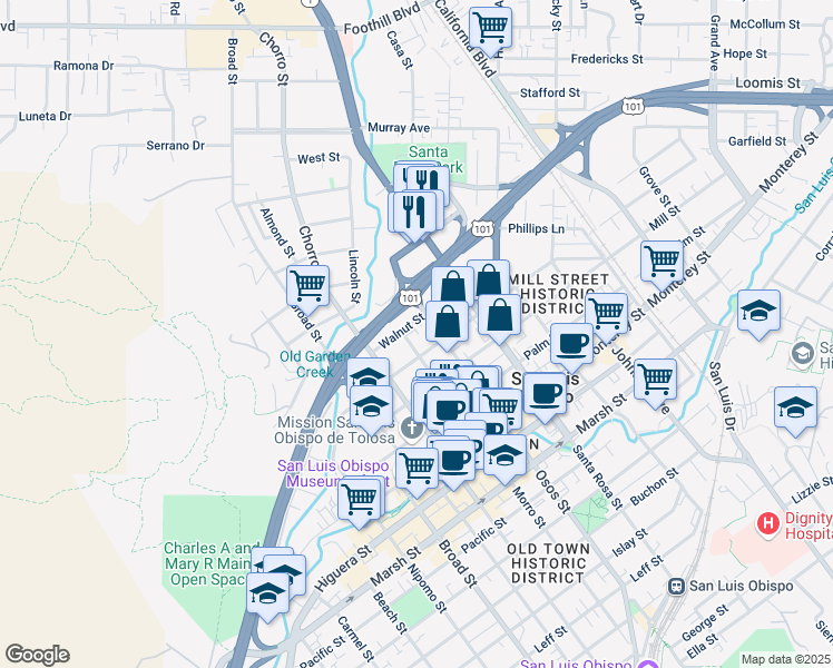 map of restaurants, bars, coffee shops, grocery stores, and more near 652 Morro Street in San Luis Obispo
