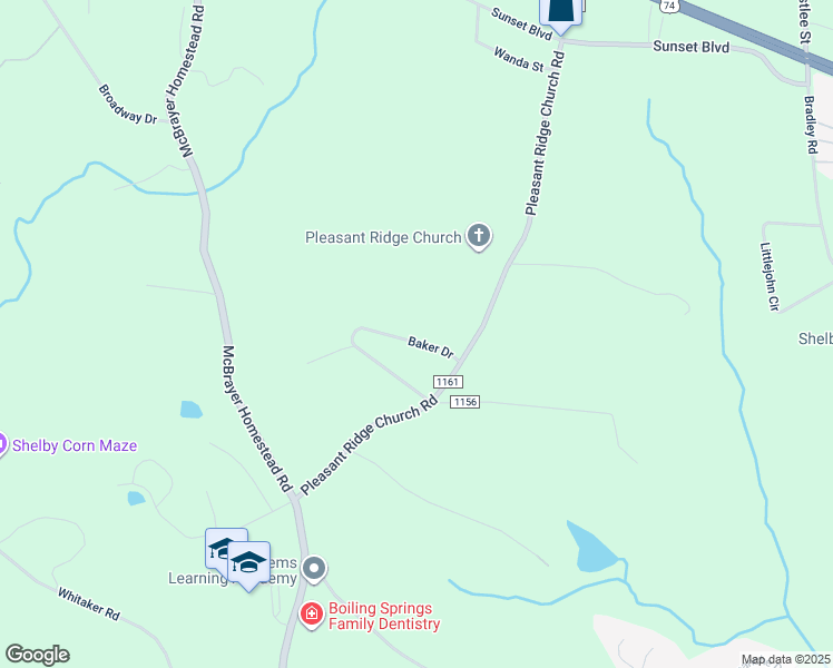 map of restaurants, bars, coffee shops, grocery stores, and more near 6904 Baker Drive in Shelby