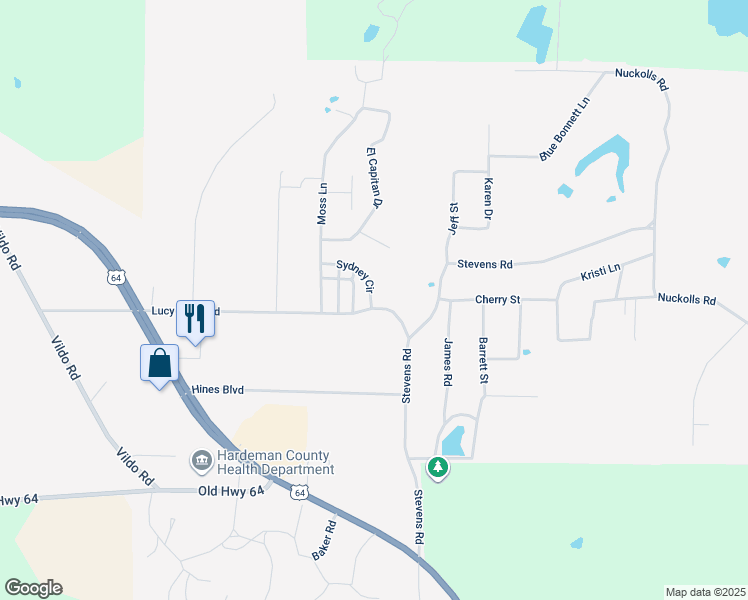 map of restaurants, bars, coffee shops, grocery stores, and more near 74 Sydney Circle in Bolivar