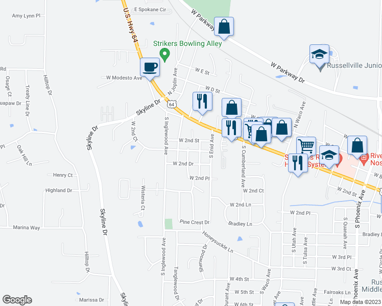 map of restaurants, bars, coffee shops, grocery stores, and more near 231 South Galveston Avenue in Russellville