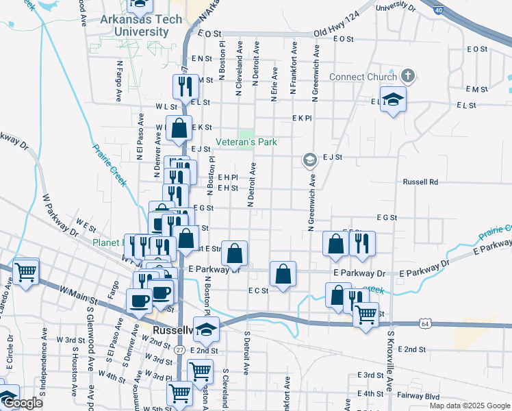 map of restaurants, bars, coffee shops, grocery stores, and more near 401 East G Street in Russellville