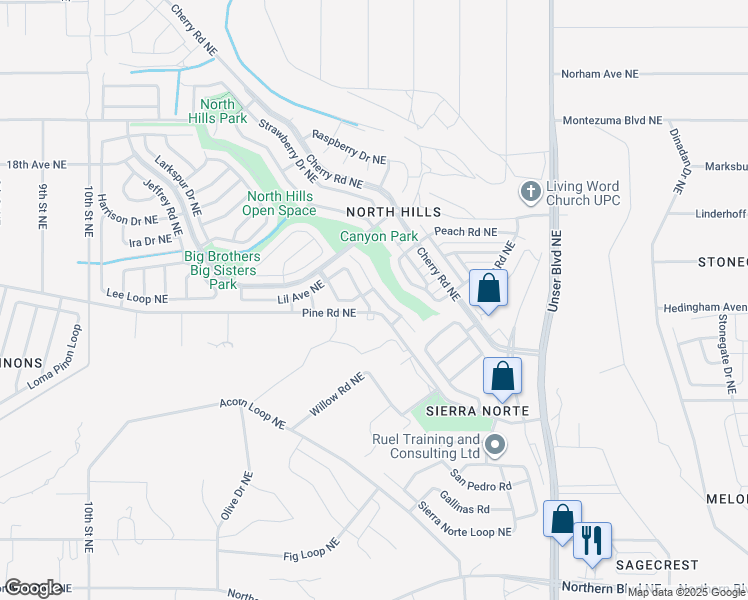 map of restaurants, bars, coffee shops, grocery stores, and more near 1653 Perma Drive Northeast in Rio Rancho