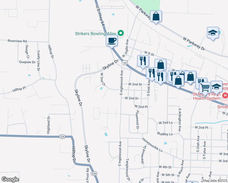 map of restaurants, bars, coffee shops, grocery stores, and more near 6 South Joplin Loop in Russellville