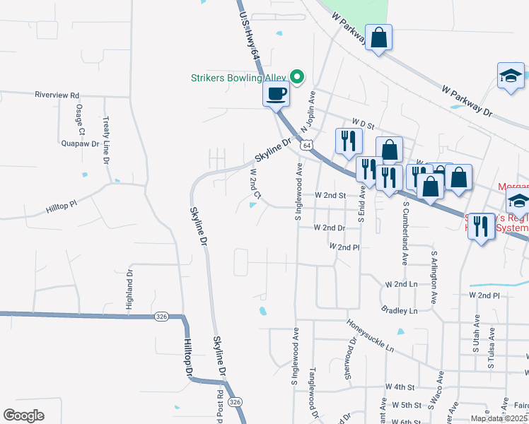 map of restaurants, bars, coffee shops, grocery stores, and more near 6 South Joplin Loop in Russellville