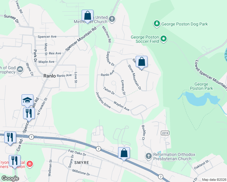 map of restaurants, bars, coffee shops, grocery stores, and more near 3093 Teton Dr in Gastonia