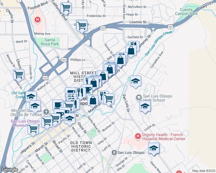 map of restaurants, bars, coffee shops, grocery stores, and more near 1368 Higuera St in San Luis Obispo
