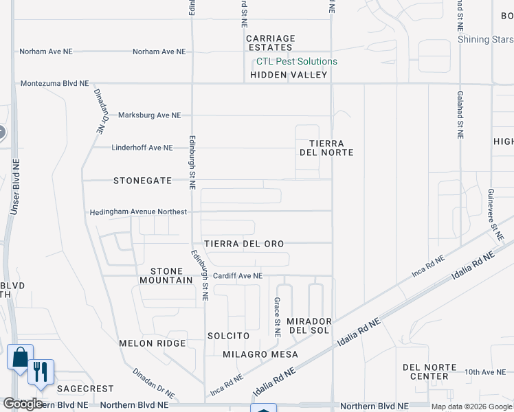 map of restaurants, bars, coffee shops, grocery stores, and more near 1327 San Juan Court Northeast in Rio Rancho