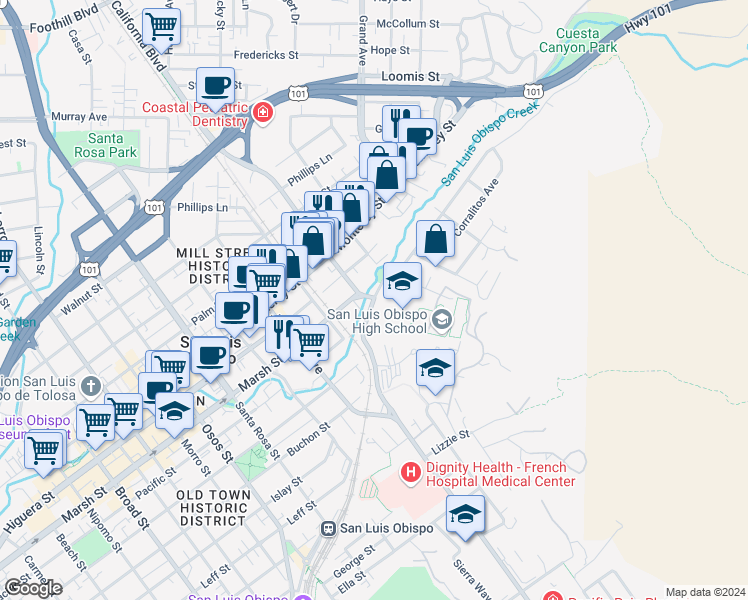 map of restaurants, bars, coffee shops, grocery stores, and more near 1499 San Luis Drive in San Luis Obispo