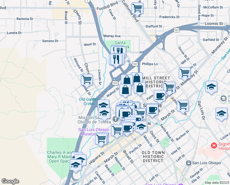 map of restaurants, bars, coffee shops, grocery stores, and more near 652 Morro Street in San Luis Obispo