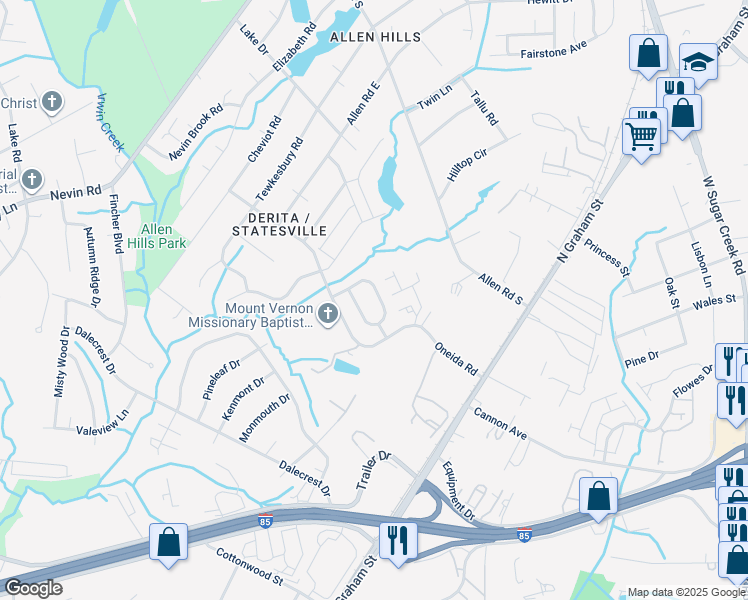 map of restaurants, bars, coffee shops, grocery stores, and more near 5016 Osage Cir in Charlotte