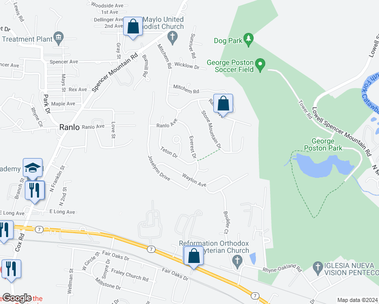 map of restaurants, bars, coffee shops, grocery stores, and more near 4219 Everest Drive in Gastonia