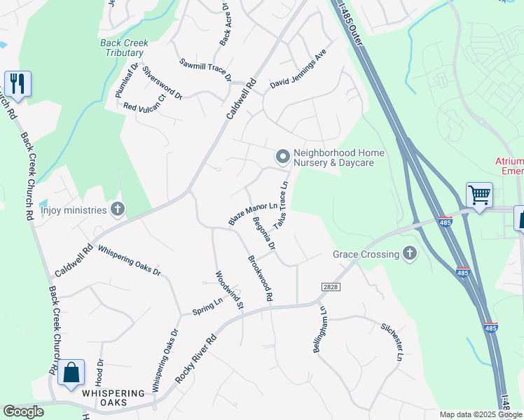 map of restaurants, bars, coffee shops, grocery stores, and more near 13112 Blaze Manor Lane in Charlotte